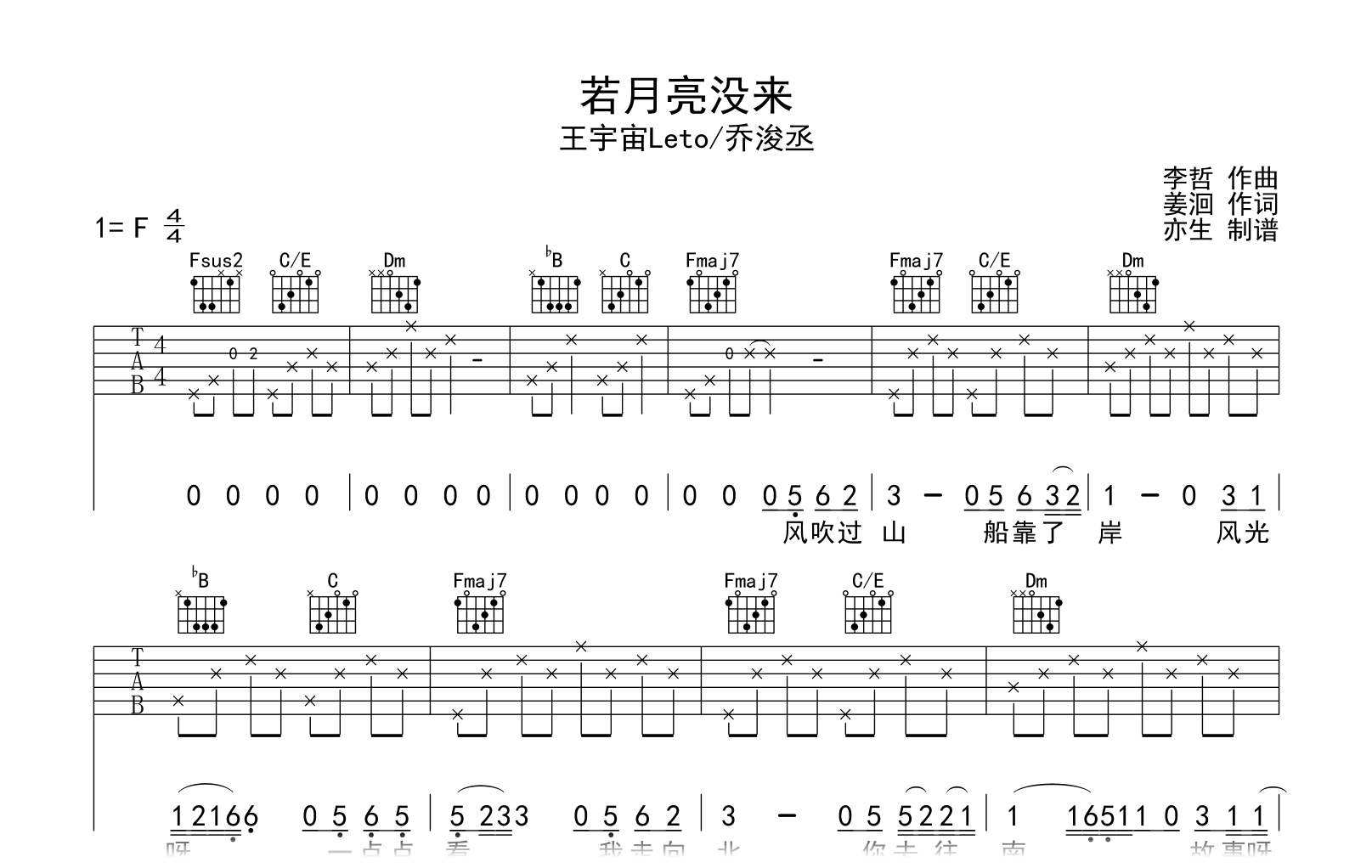 若月亮没来吉他谱-王宇宙Leto/乔浚丞-弹唱六线谱