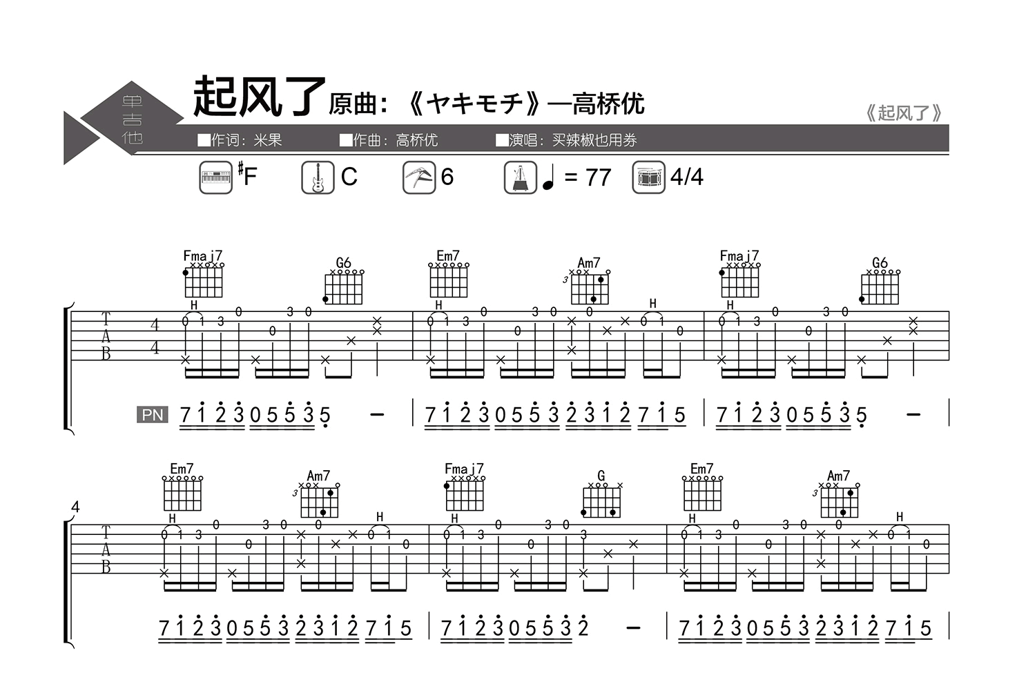 起风了吉他谱-买辣椒也用券-C调指法-弹唱六线谱