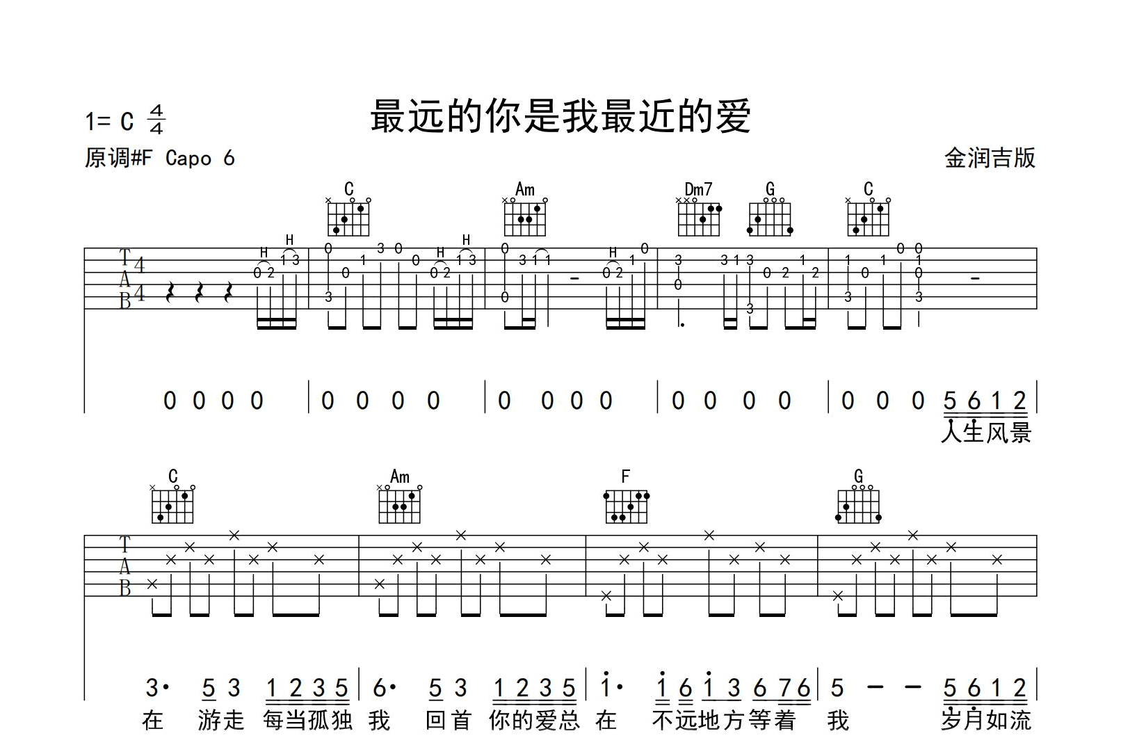 最远的你是我最近的爱-金润吉-C调指法-吉他帮