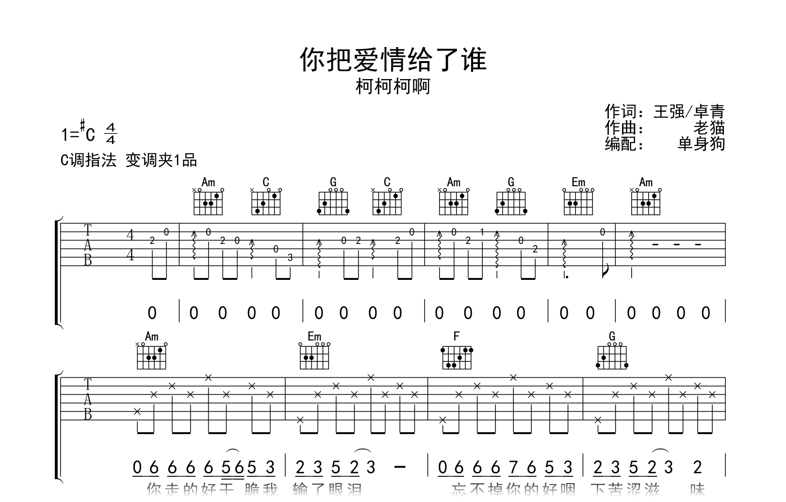 你把爱情给了谁吉他谱-柯柯柯啊-C调指法-吉他帮