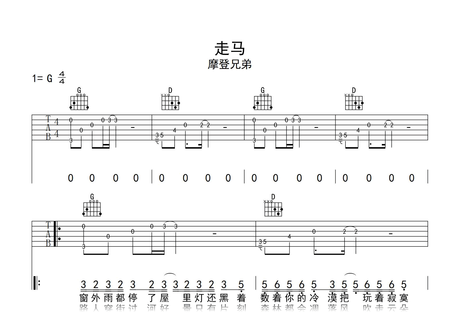 走马吉他谱-摩登兄弟刘宇宁-弹唱六线谱