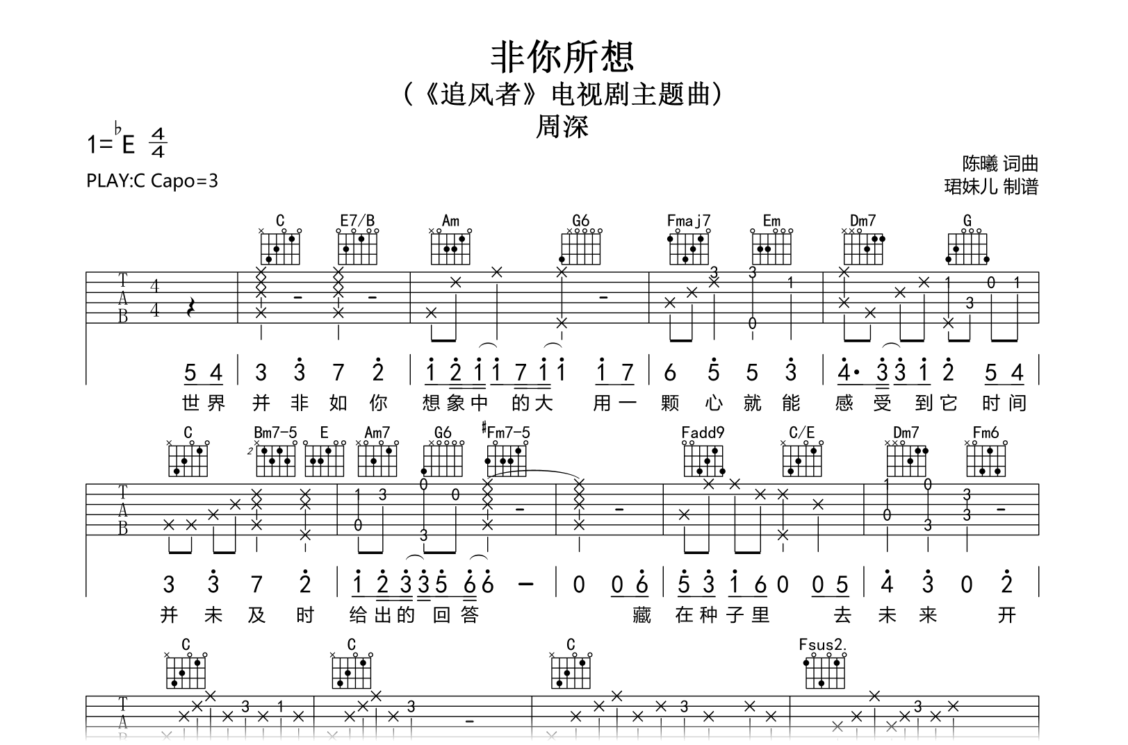 非你所想吉他谱-周深-C调指法-《追风者》主题曲