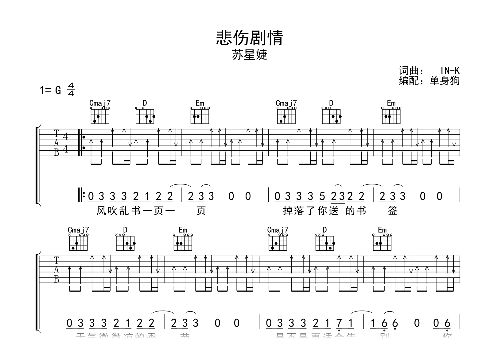 苏星婕《悲伤剧情》吉他谱-G调指法-吉他帮