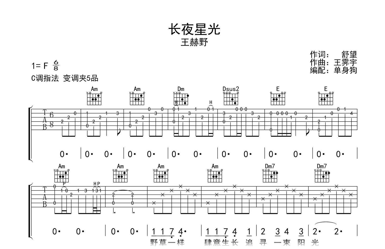 长夜星光吉他谱-王赫野-C调弹唱六线谱