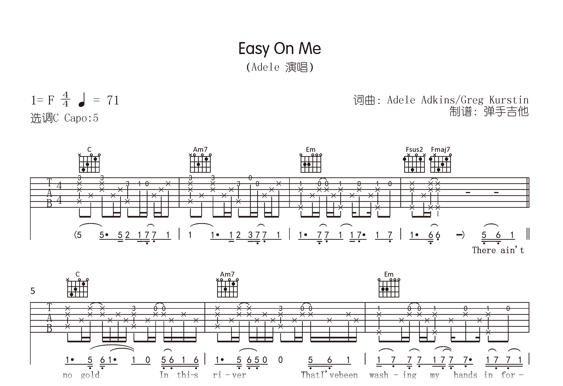 Easy On Me吉他谱-Adele-C调指法-吉他帮