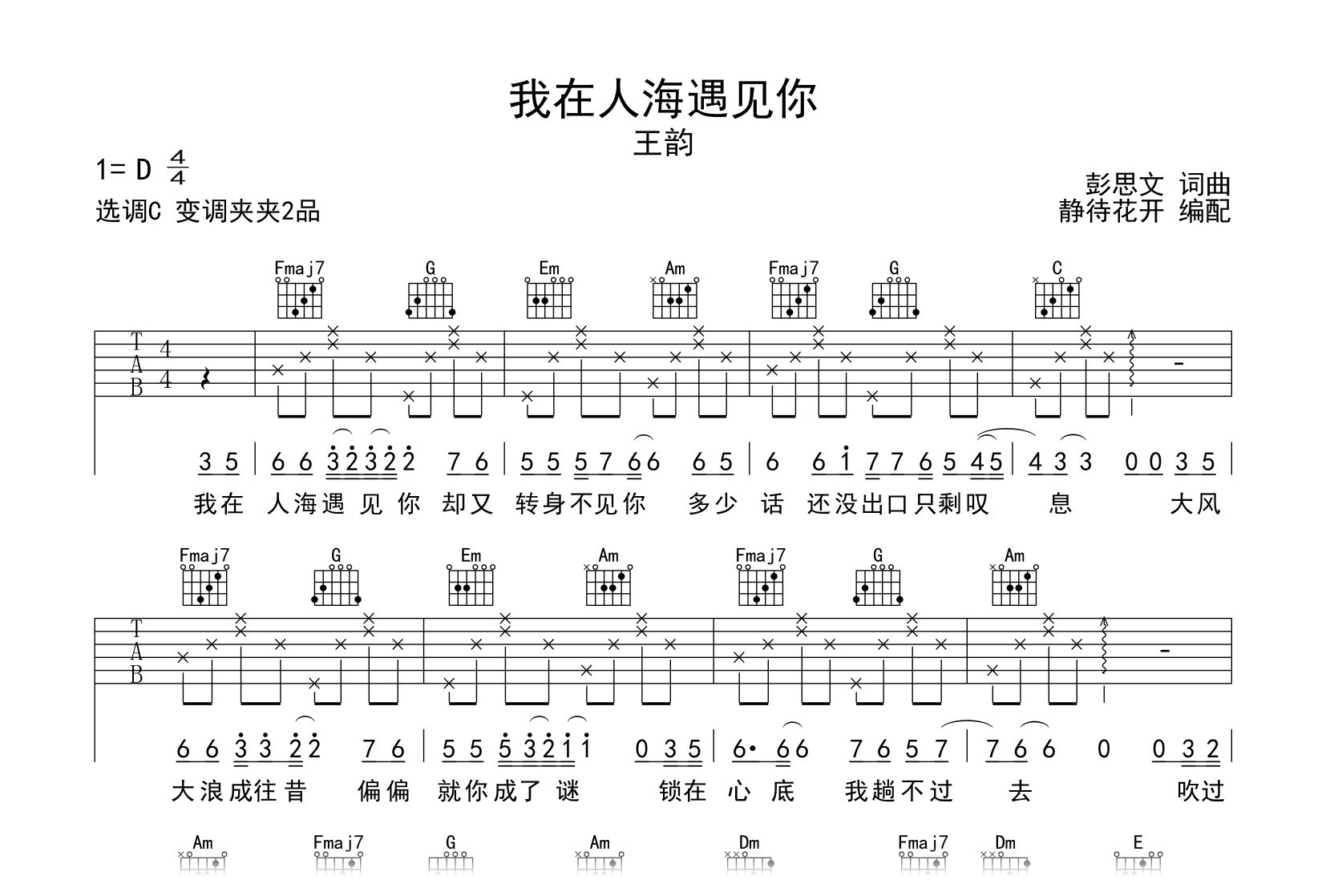 我在人海遇见你吉他谱-王韵-C调弹唱六线谱