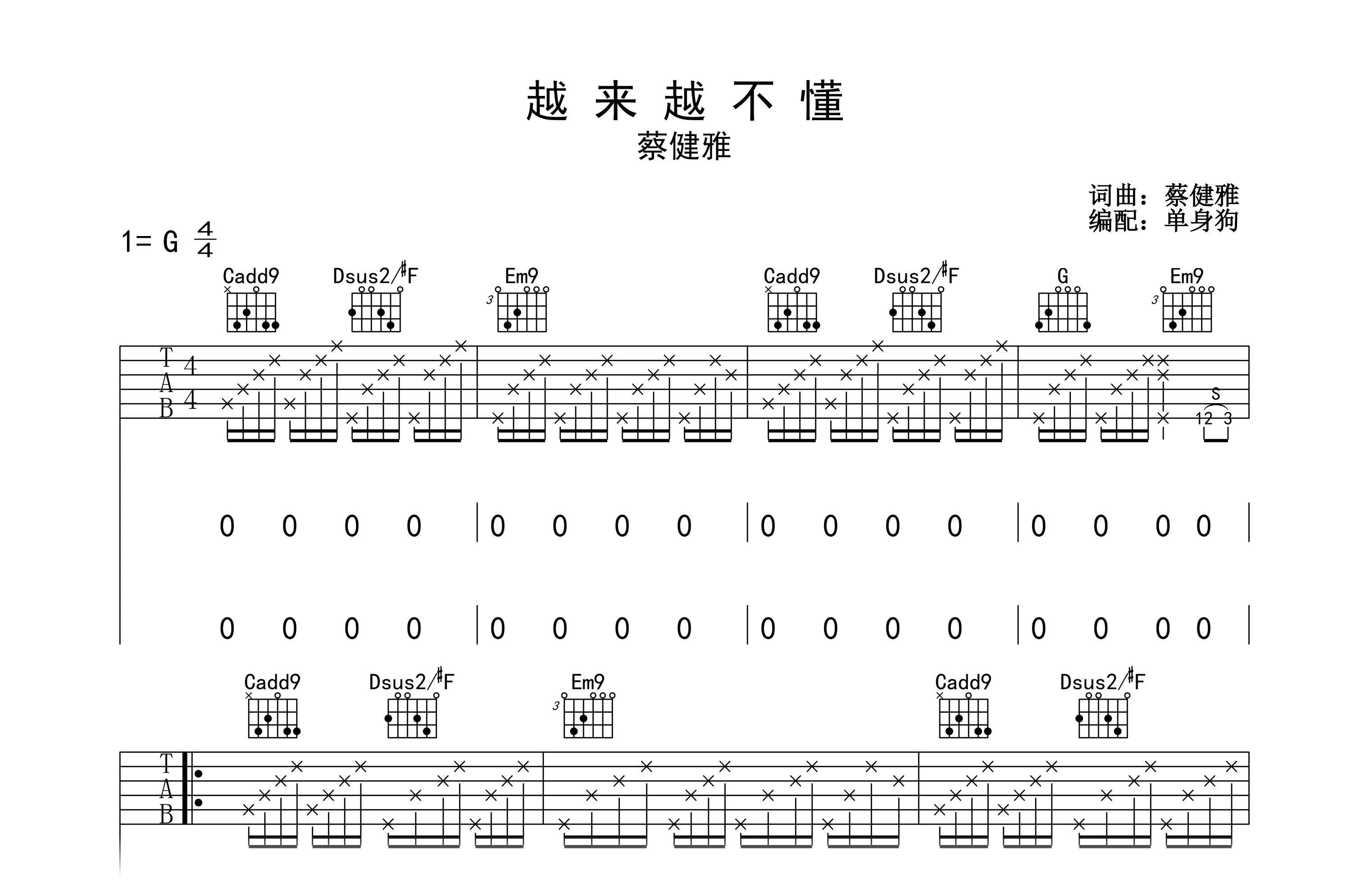 越来越不懂吉他谱_蔡健雅_C调_弹唱六线谱