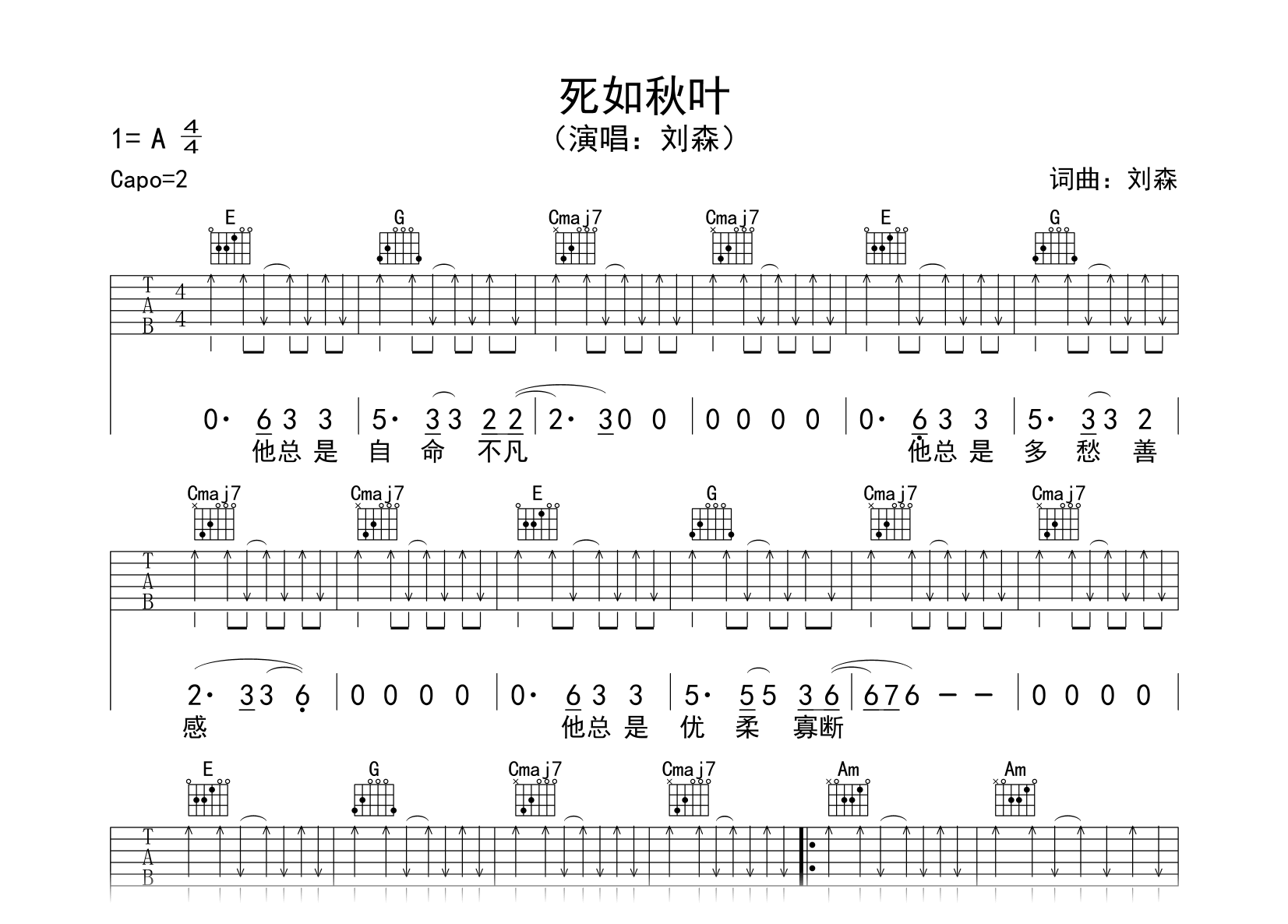 死如秋叶吉他谱-刘森-吉他弹唱谱-原版编配