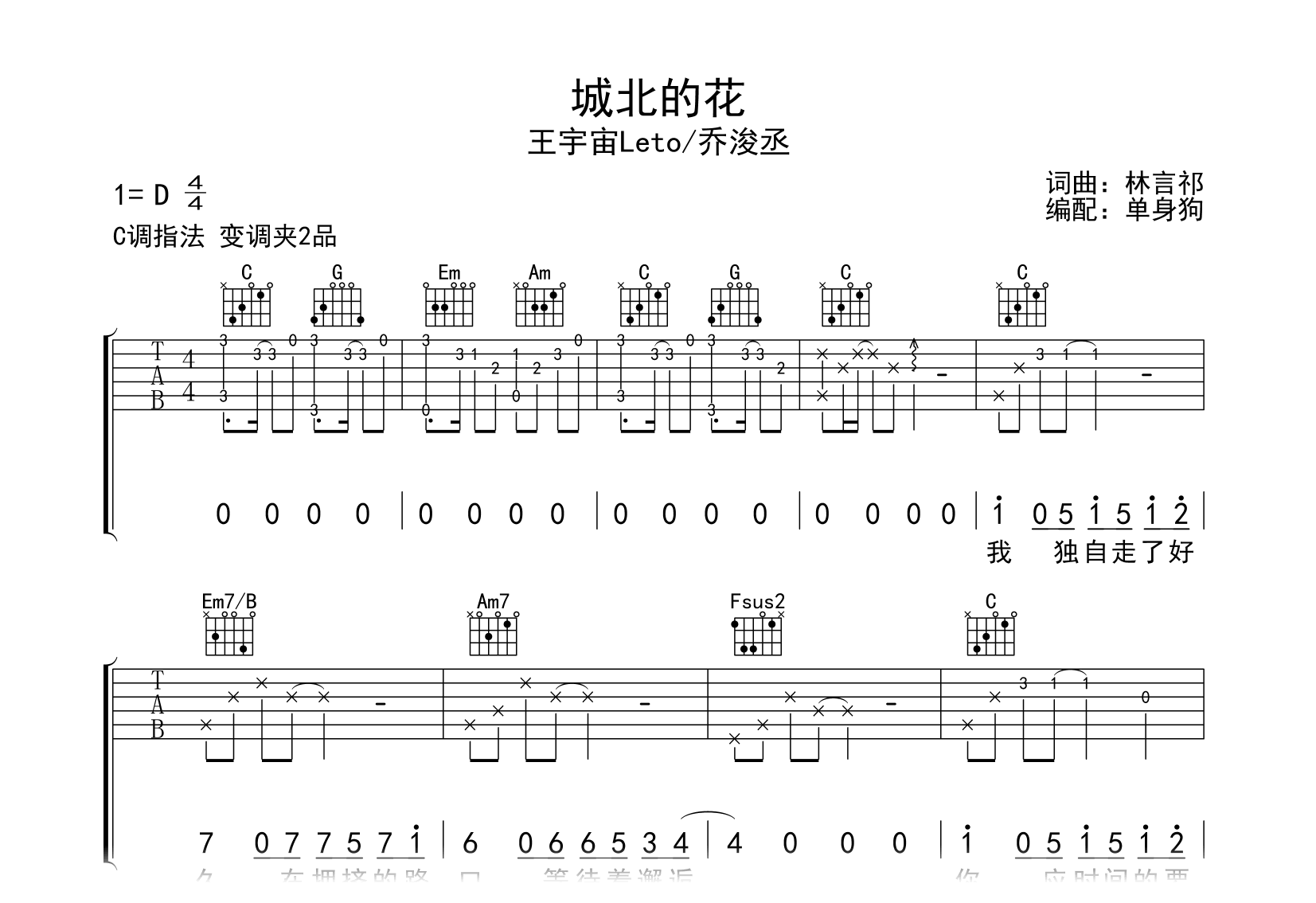 城北的花吉他谱-王宇宙Leto/乔浚丞-C调弹唱谱-吉他帮