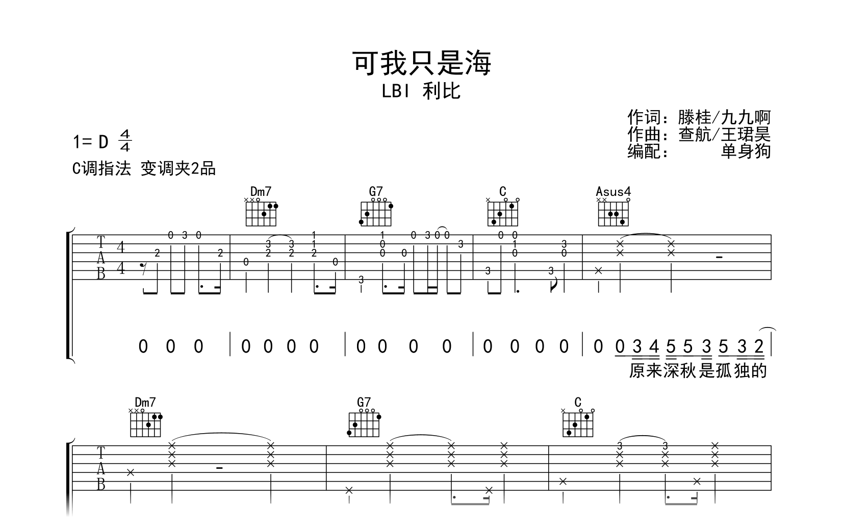 可我只是海吉他谱-LBI 利比-C调弹唱谱-高清六线谱