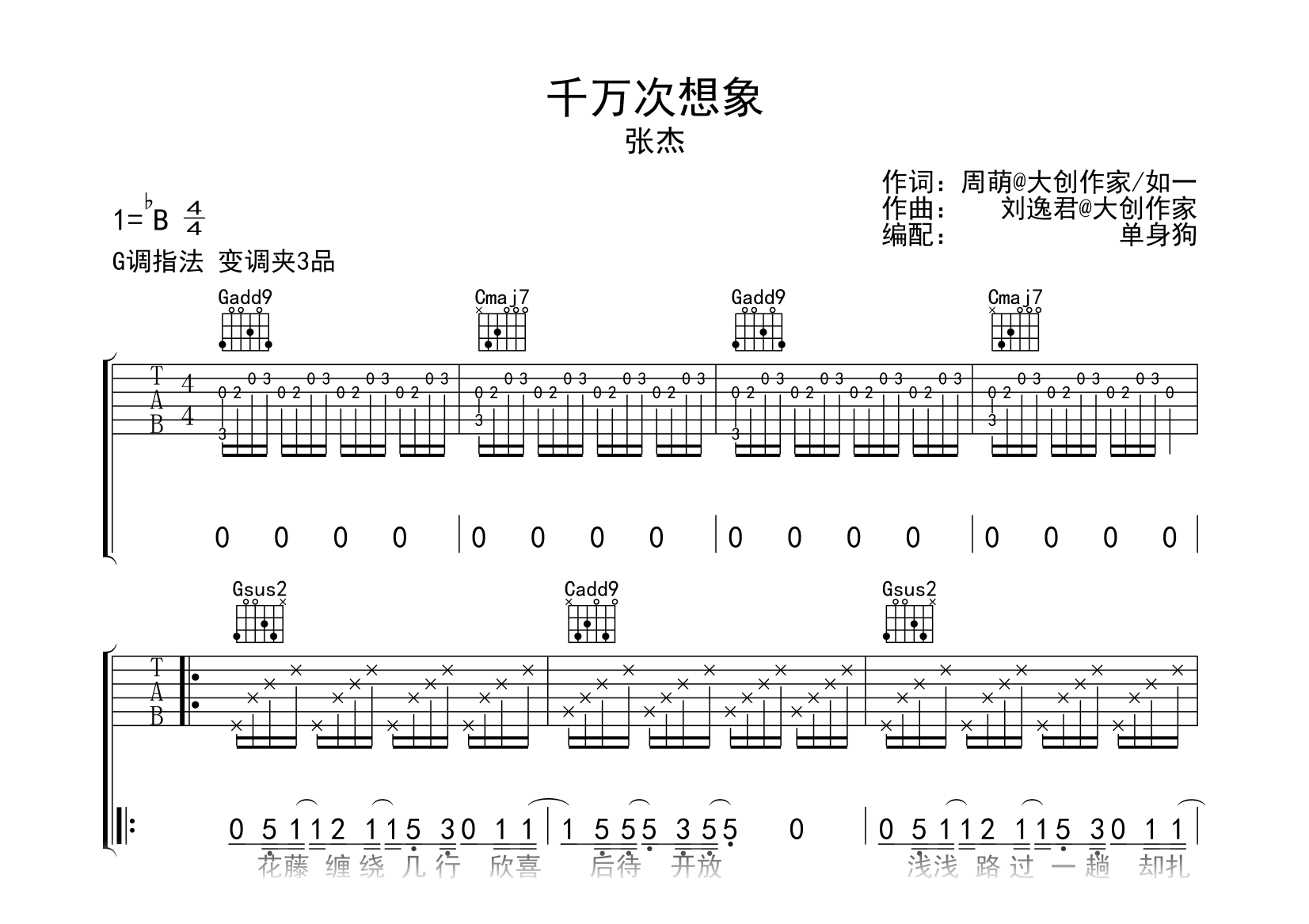 千万次想象吉他谱_张杰_G调弹唱谱_高清六线谱