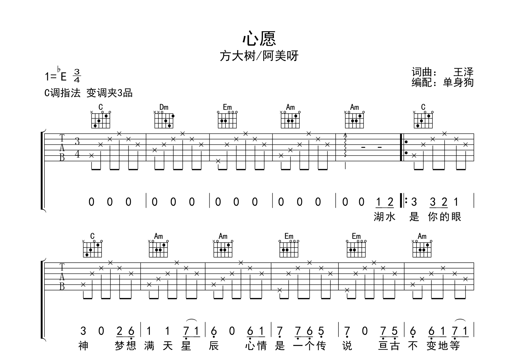 心愿吉他谱_方大树_C调简单版_弹唱六线谱