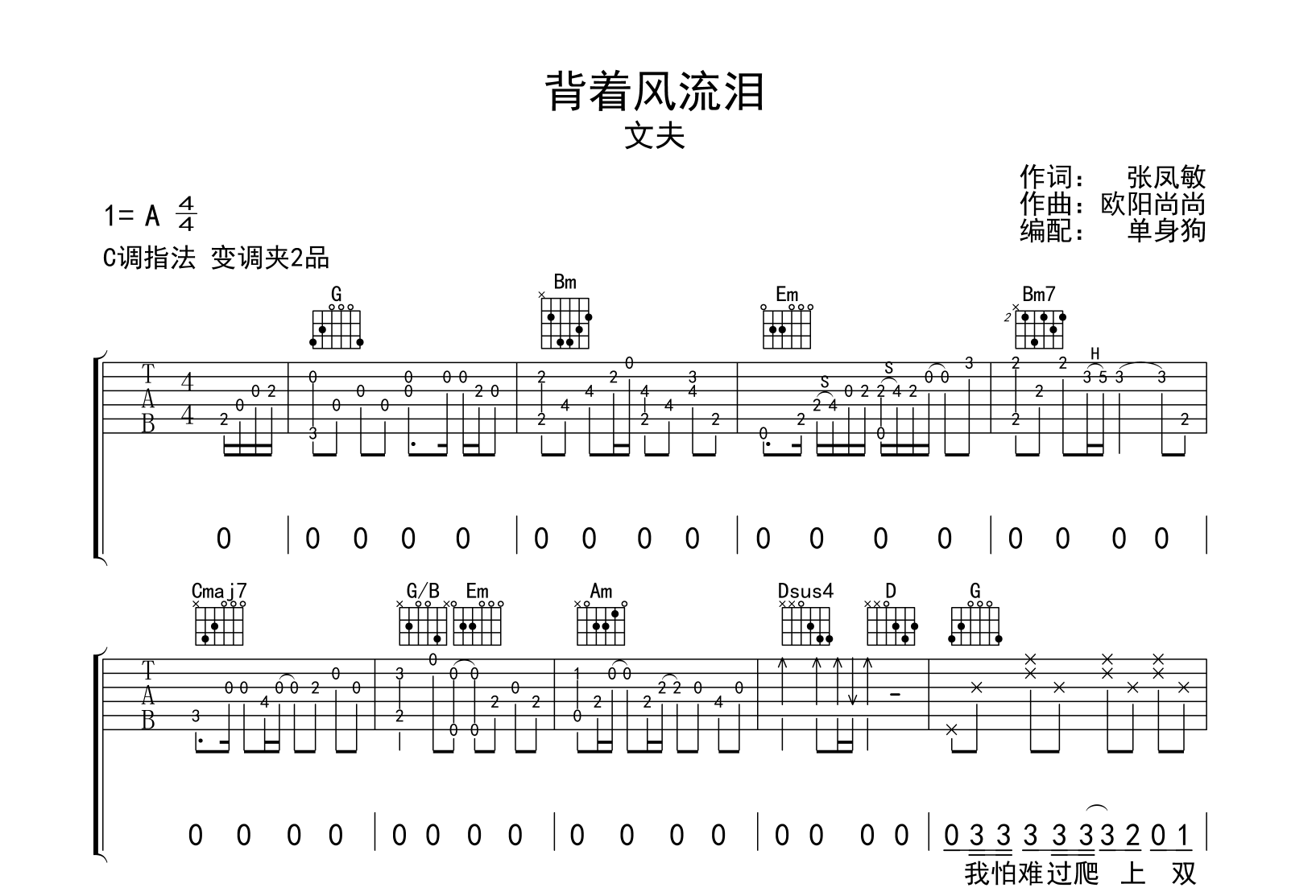 背着风流泪吉他谱_文夫_G调弹唱谱六线谱