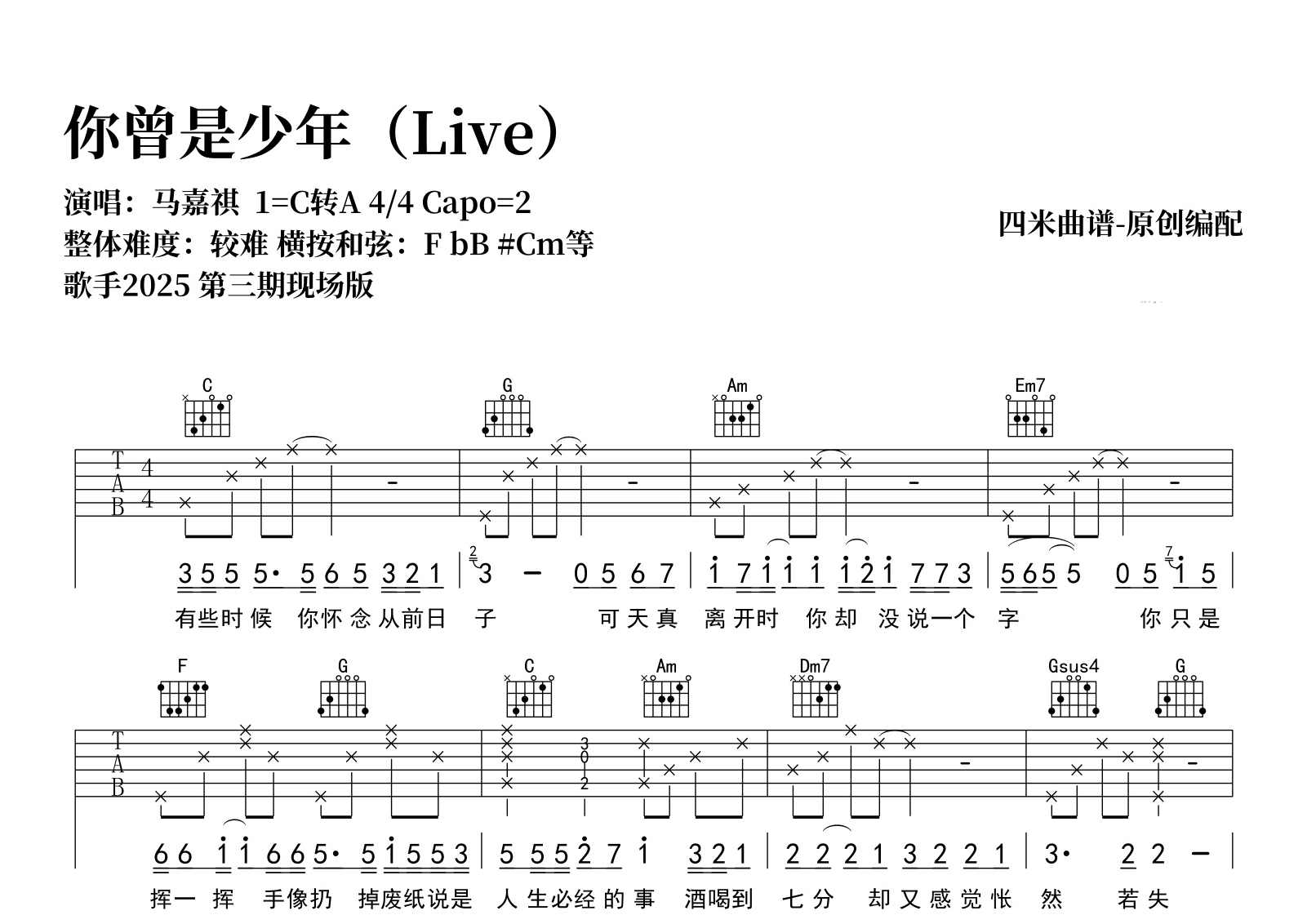 马嘉祺《你曾是少年》吉他谱-C调弹唱谱-高清完整版