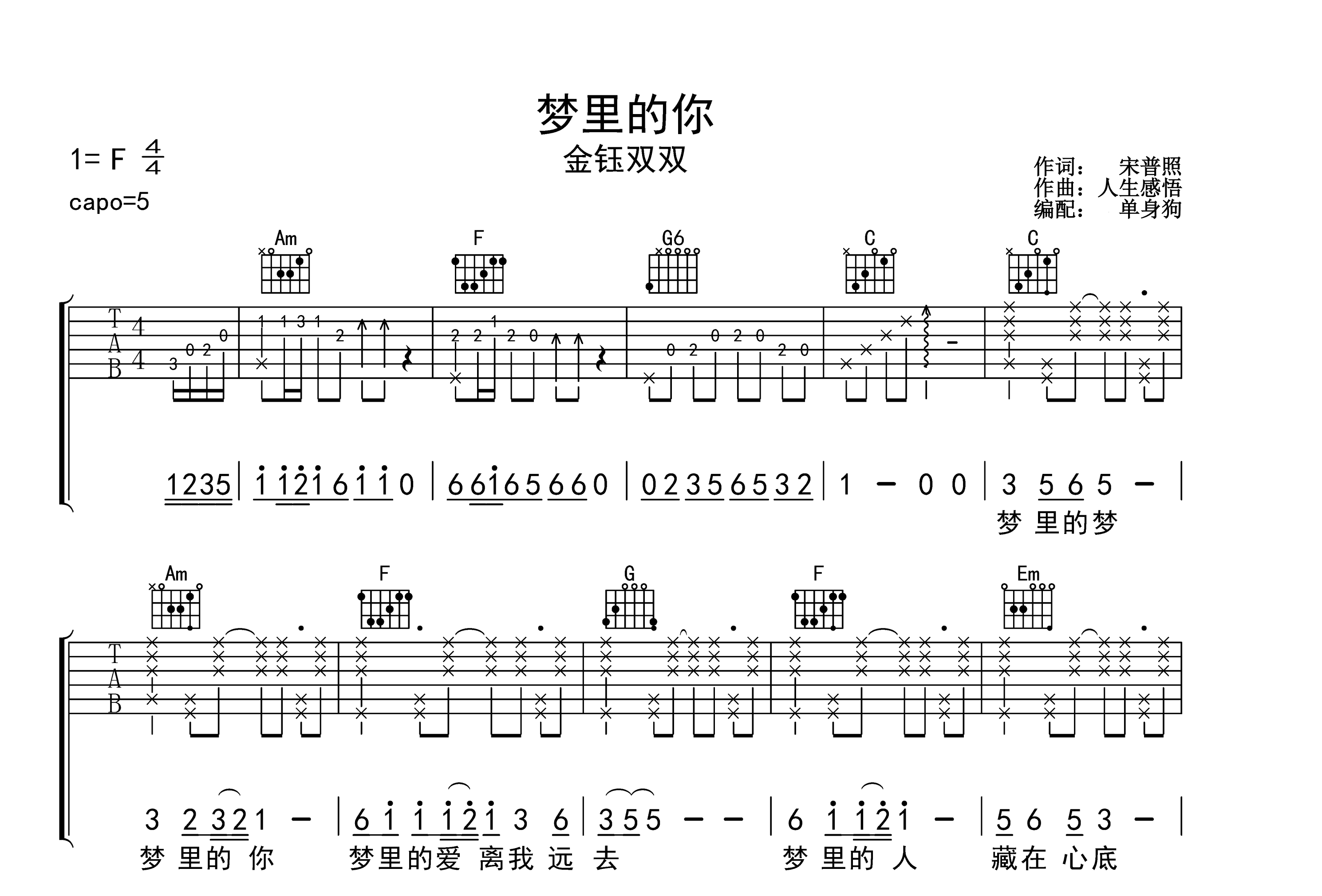 梦里的你吉他谱_金钰双双_C调弹唱谱_高清完整版