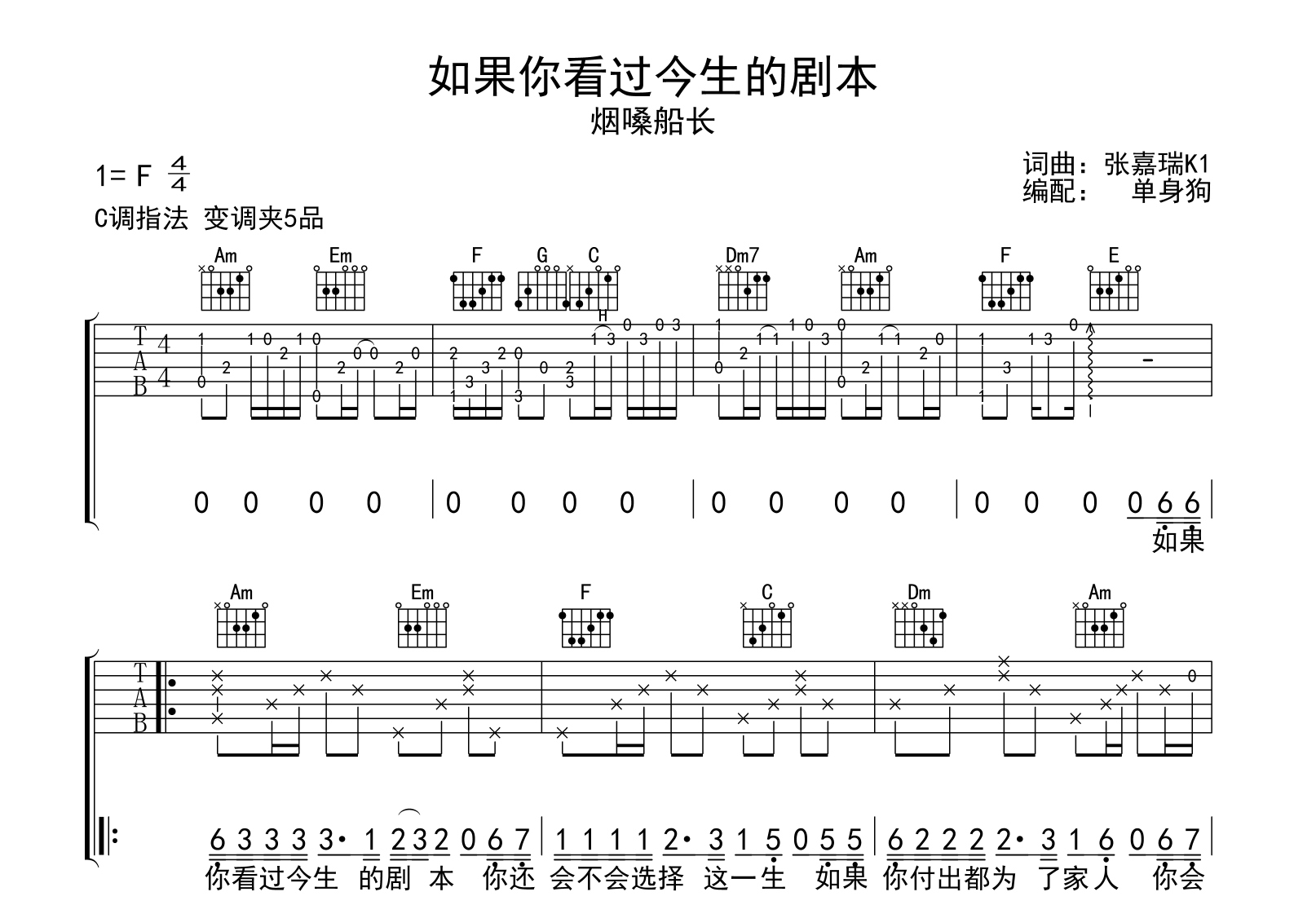 如果你看过今生的剧本吉他谱_烟嗓船长_C调弹唱六线谱