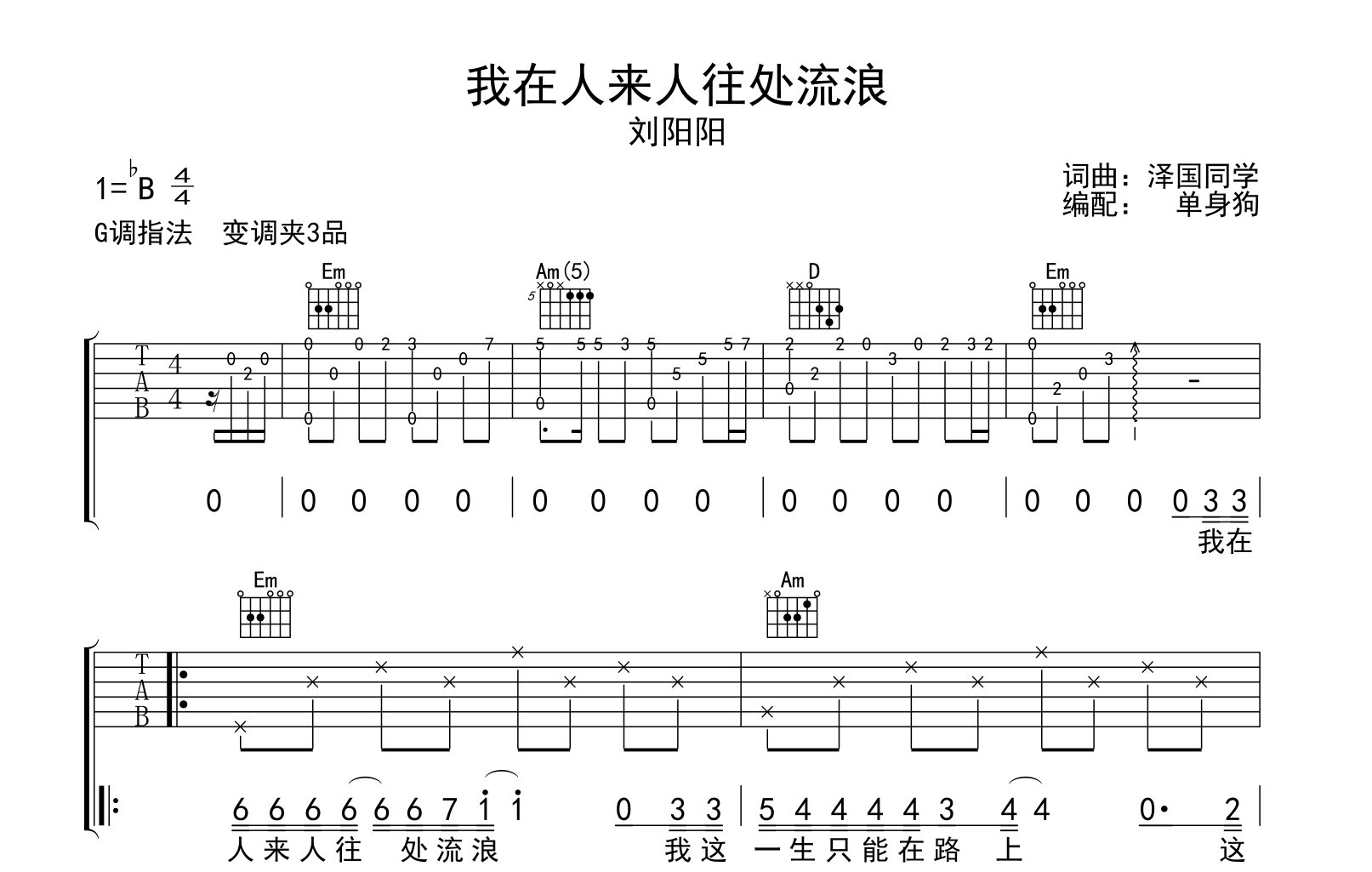 我在人来人往处流浪吉他谱_刘阳阳_G调弹唱谱_吉他帮