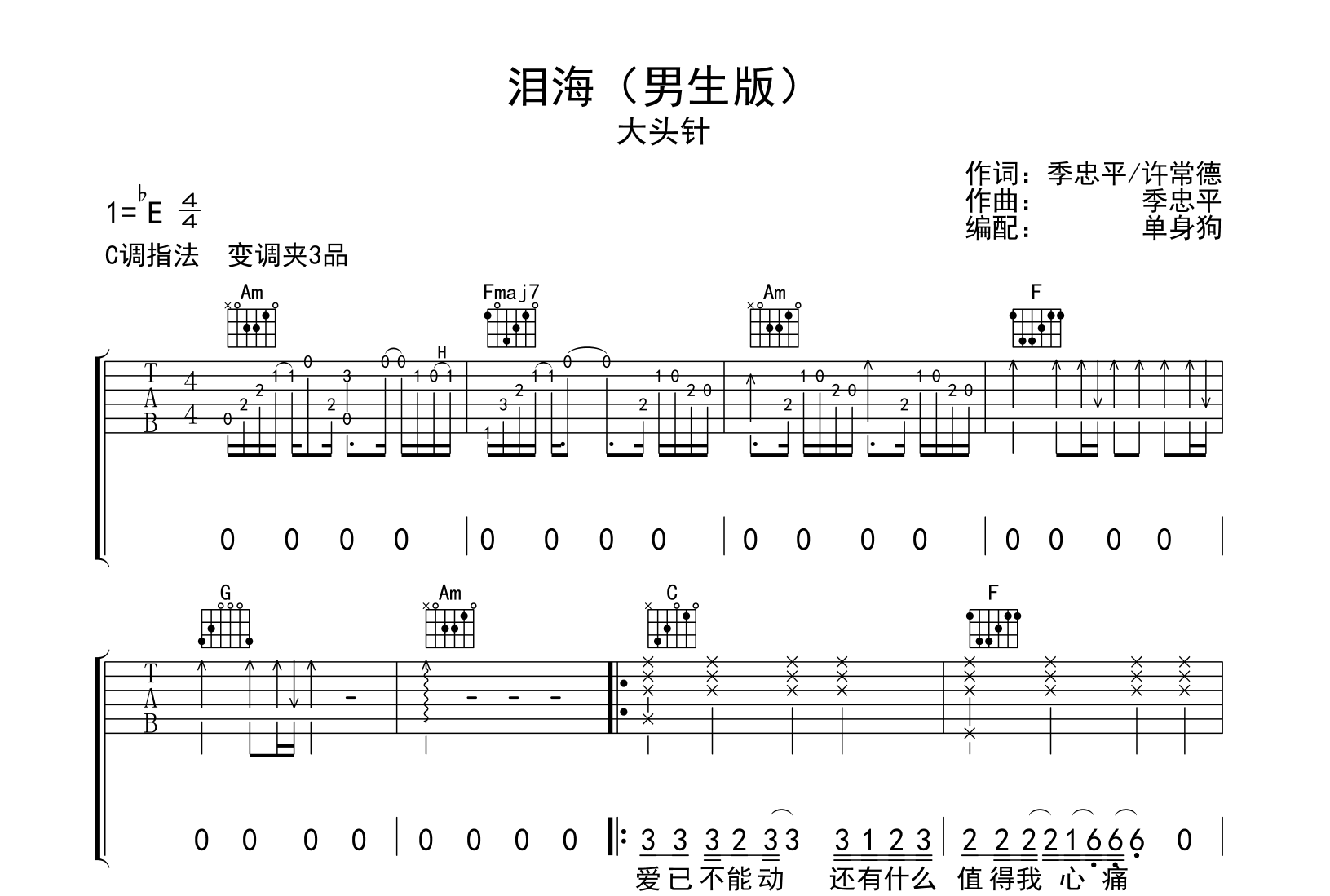 泪海吉他谱_大头针_C调弹唱谱_男生版
