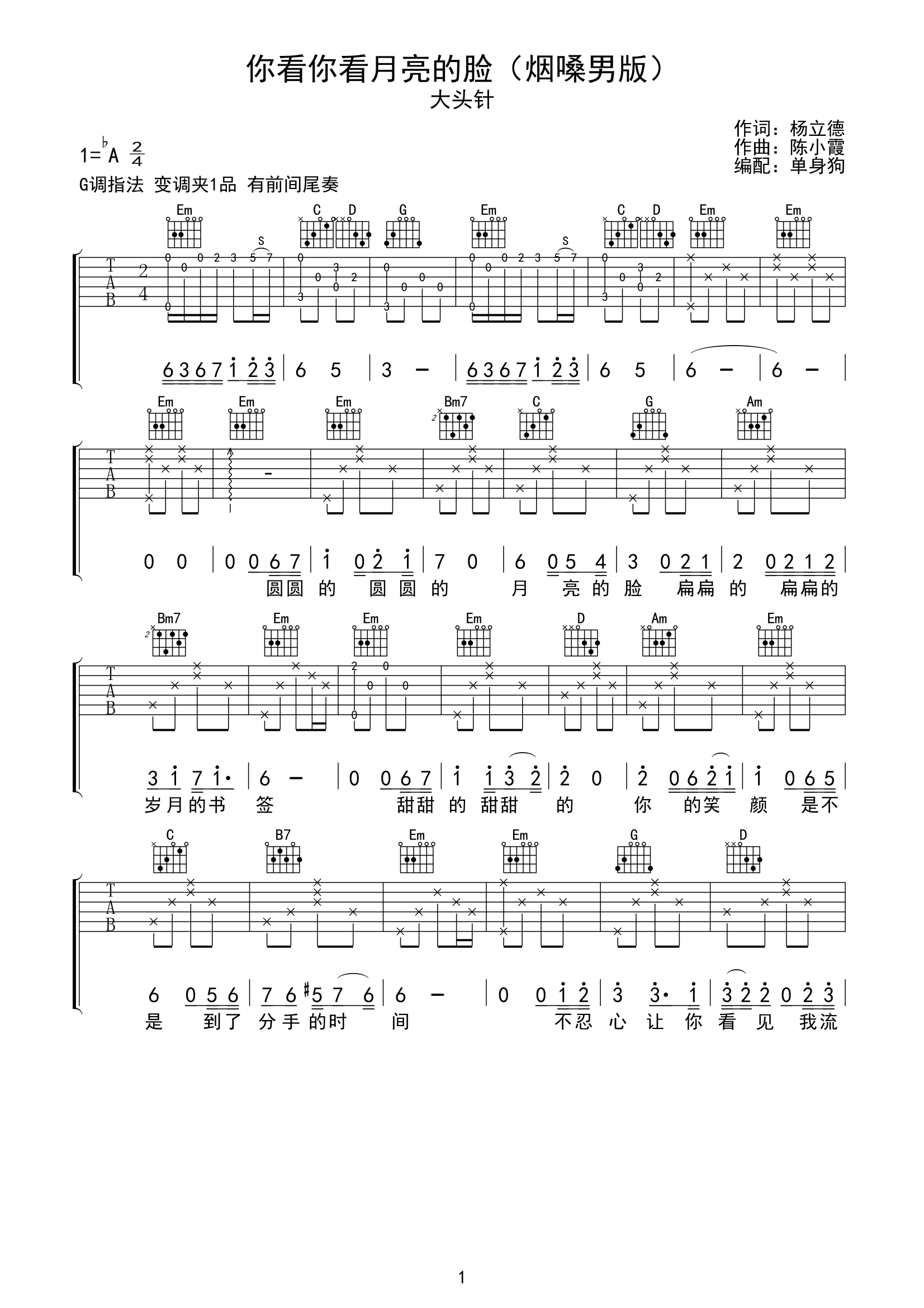 你看你看月亮的脸（烟嗓男版）吉他谱_大头针_G调弹唱谱_吉他帮